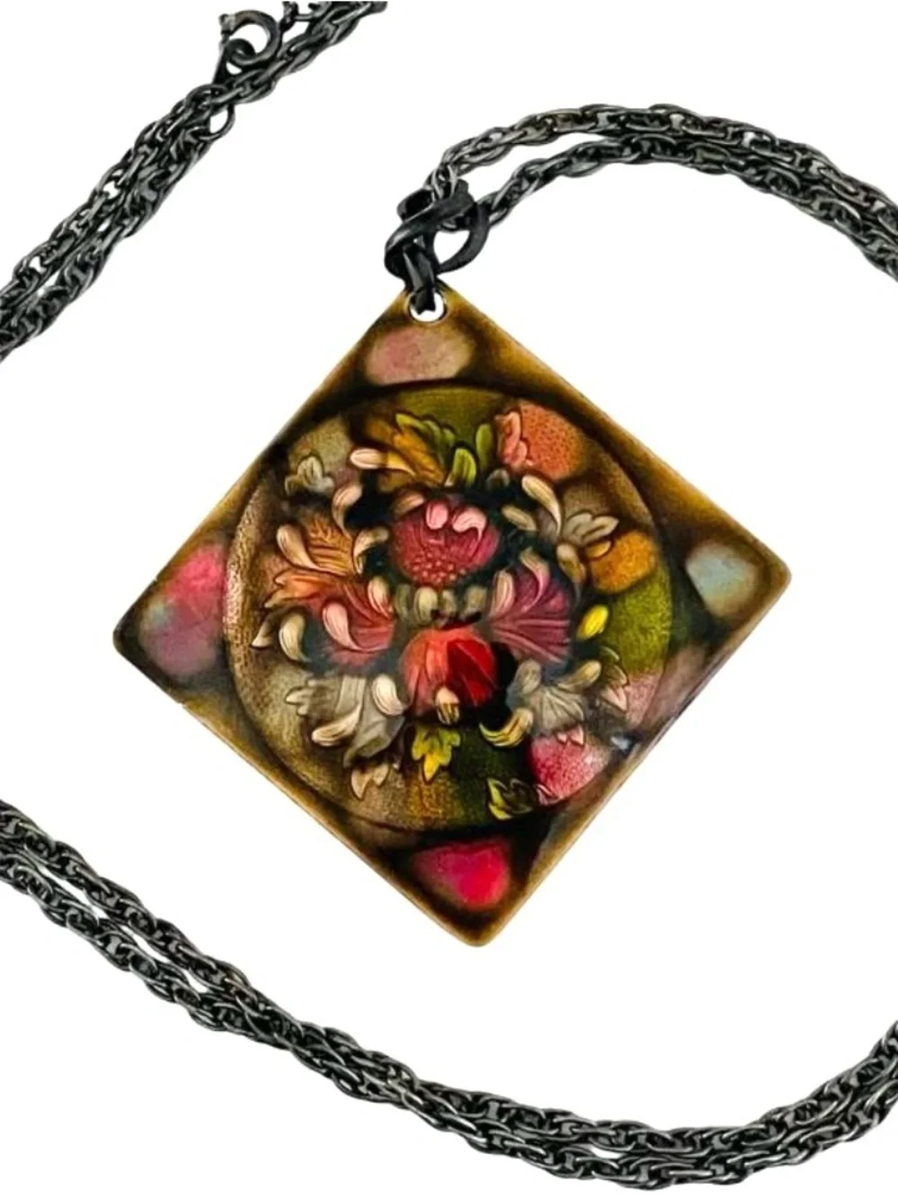 Vintage Mid-Century Enamel On Copper Floral Pendant With Chain